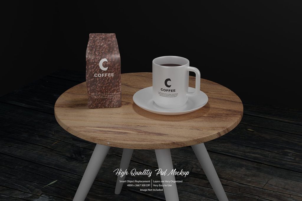 Coffee & Mug On Wood Table Mockup